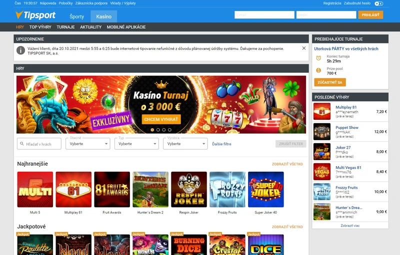 Prehľad oficiálnej webovej stránky Tipsport Casino