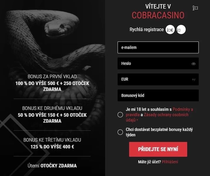 Registrace na webových stránkách Cobra Casino a ověření účtu