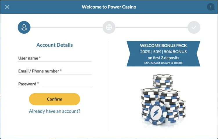 Registrácia na webovej stránke Power Casino