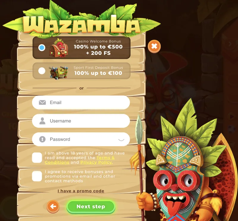 Registrácia na webovej stránke Wazamba Casino