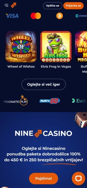Mobilna različica spletnega mesta Nine Casino