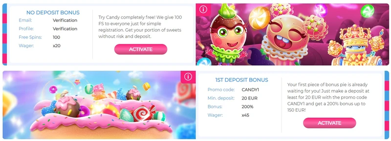 Candy Casino 100 roztočení zdarma bez vkladu a uvítacího bonusu