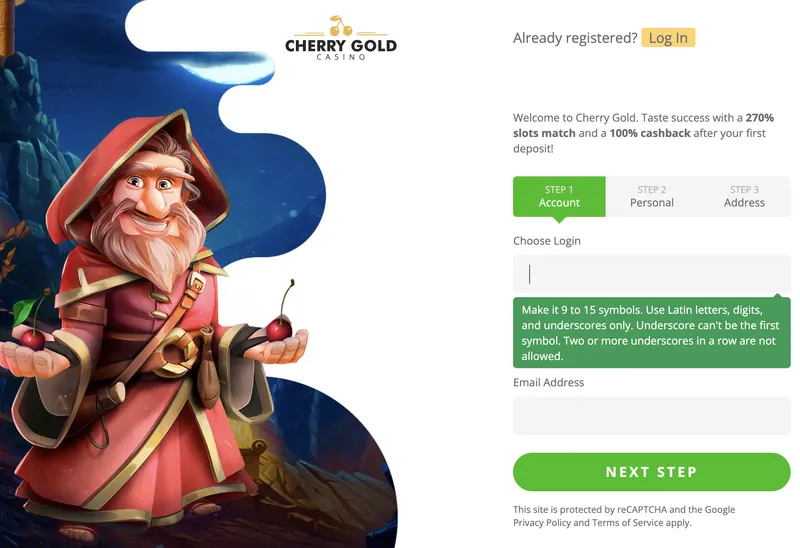 Cherry Gold Casino - Registrace