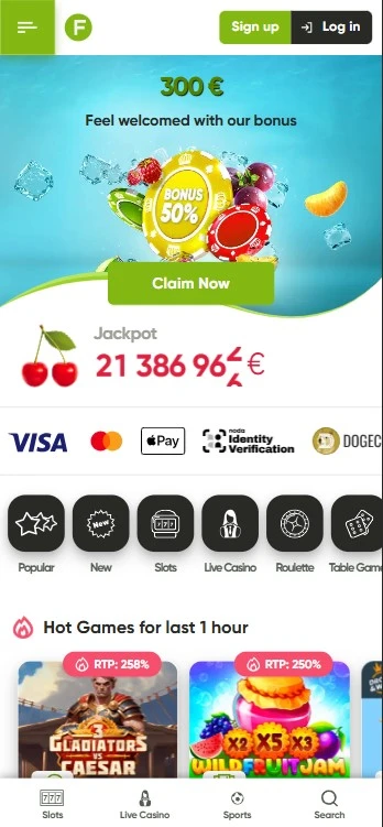 Mobilní verze Fresh casino