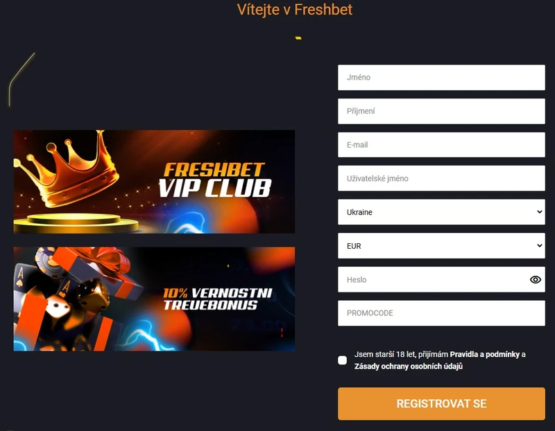 Registrace a přihlášení do Freshbet Casino