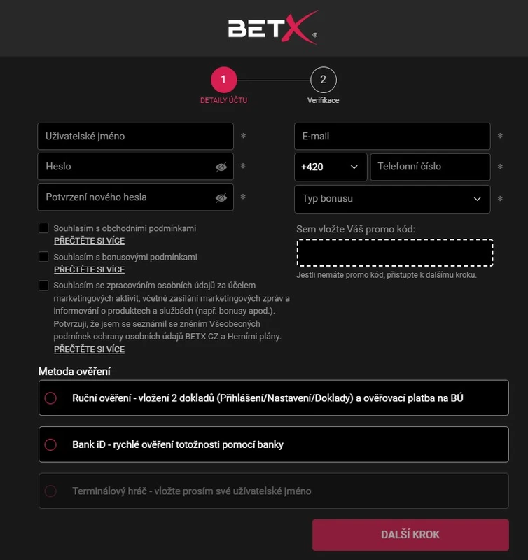 Registrace a přihlášení do BetX Casino